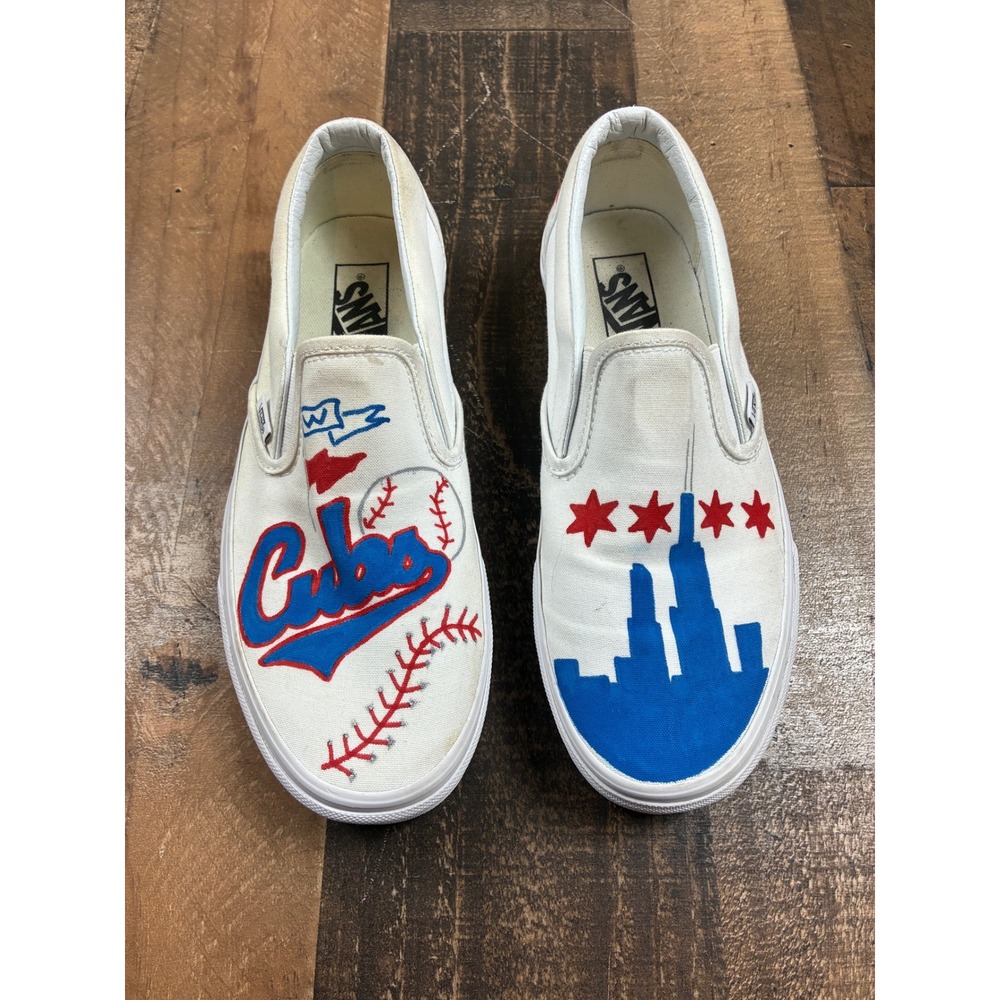 Vans Classic Slip On Custom Chicago Cubs Baseball Mom Shoes‎ White Blue Red